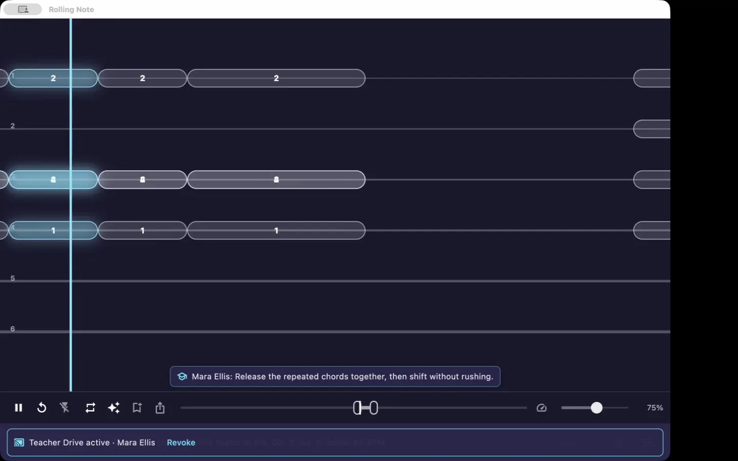 A deterministic Rolling Note Player demonstration: Mara Ellis requests consent, the student accepts, and the assigned Paganini passage opens in Guitar Guidance at 75 percent tempo.