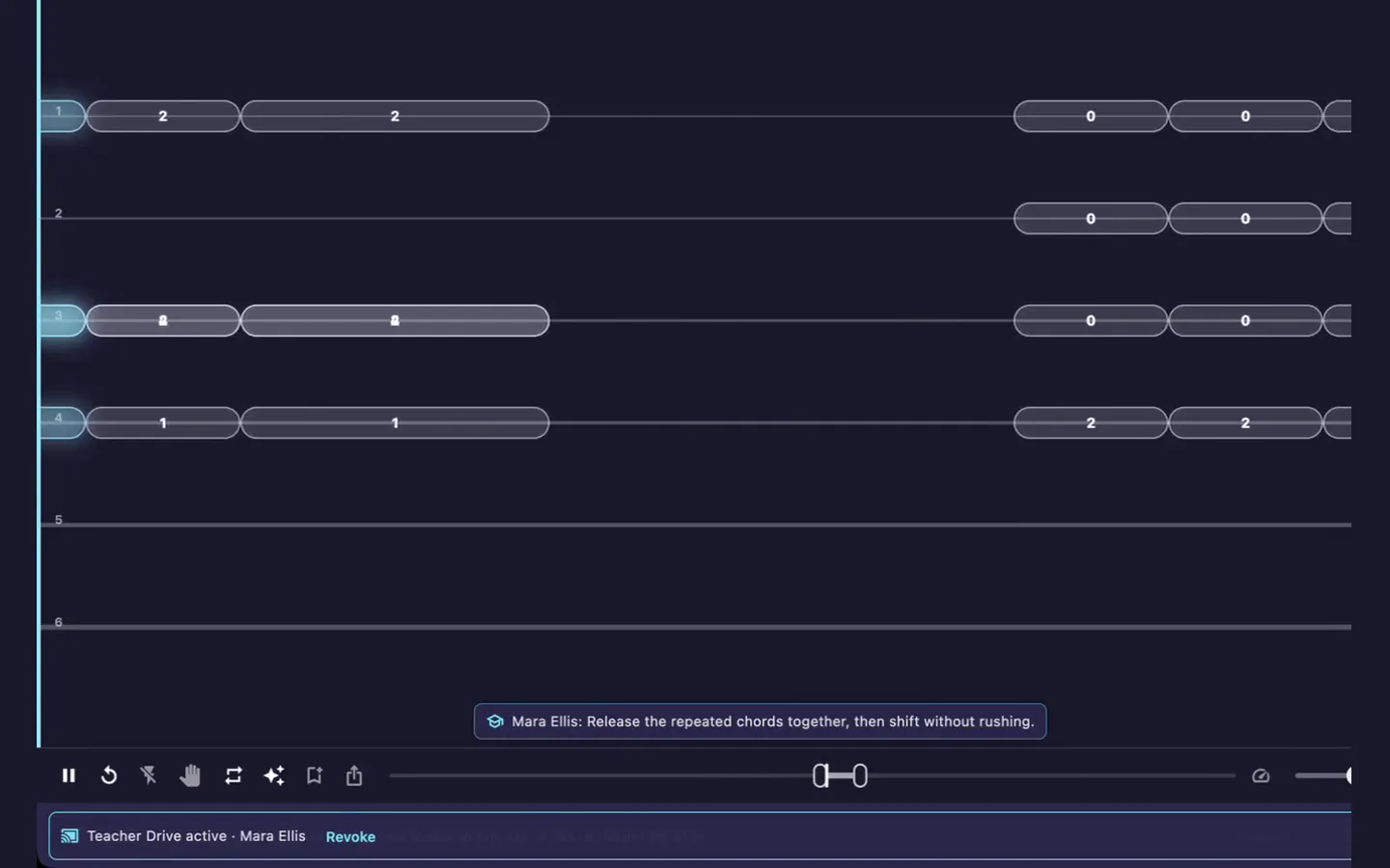A deterministic Rolling Note Player demonstration: Mara Ellis requests consent, the student accepts, and the assigned Paganini passage opens in Guitar Guidance at 75 percent tempo.