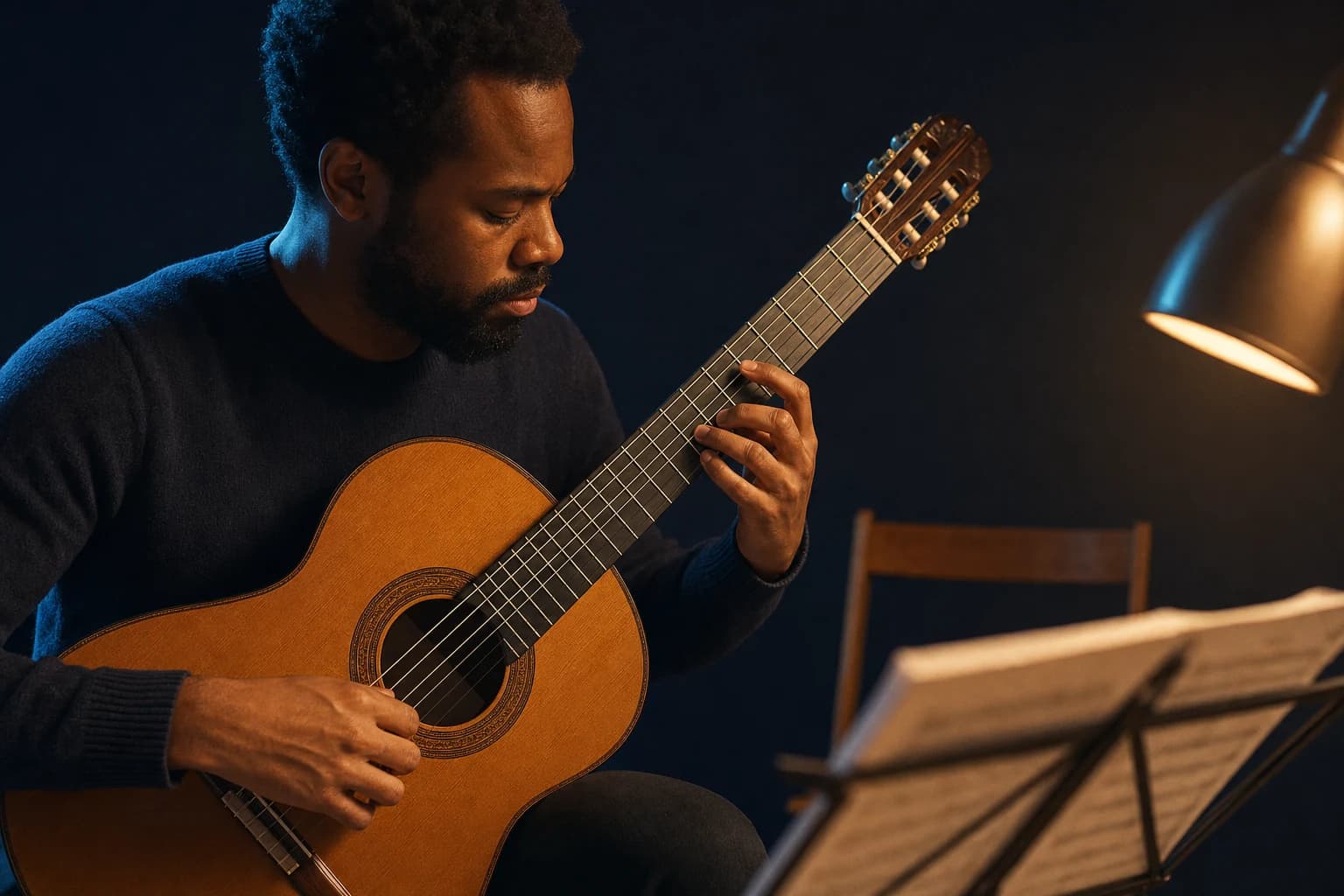 A classical guitarist practicing from a score with both hands and the instrument clearly visible